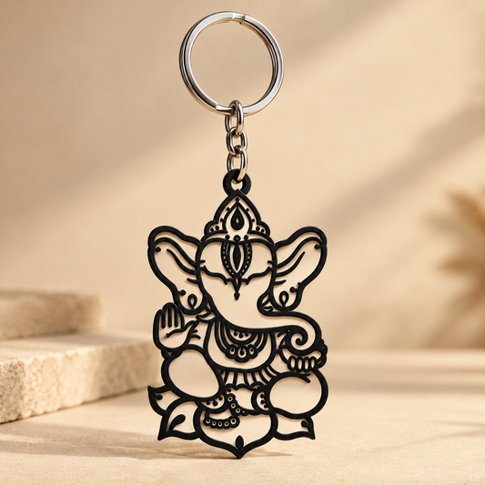 Lord Ganesha Metal Keychain – Matte Black