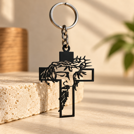 Jesus Christ Cross Metal Keychain – Matte Black