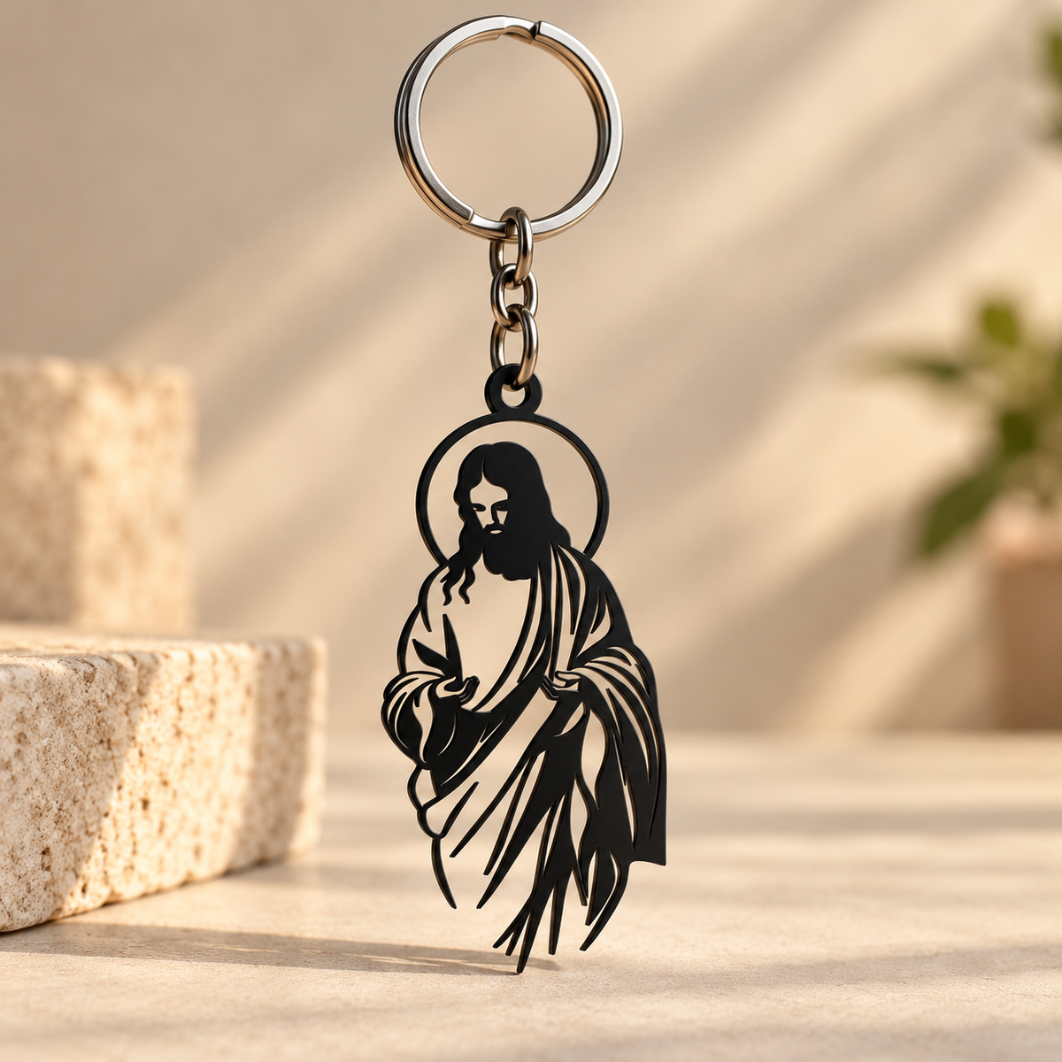 Jesus Christ Metal Keychain – Halo Design, Matte Black